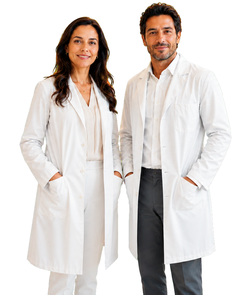 Médica e médico em uma clínica iluminada
